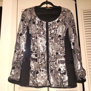 Like new! Joan Boyce faux leather trim silver sequined clasp hook blazer jacket